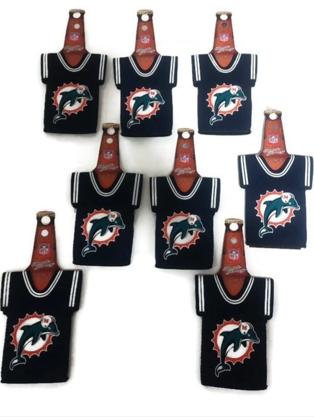 Lot of 8 NFL Miami Dolphins Beer Bottle Jersey Neoprene Blue 2 Sided Kolder